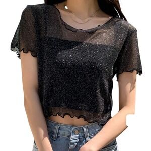 Black Glitter Sheer Mesh‎ Short Sleeve Top Lettuce Trim Size S/M  Whimsygoth Y2K